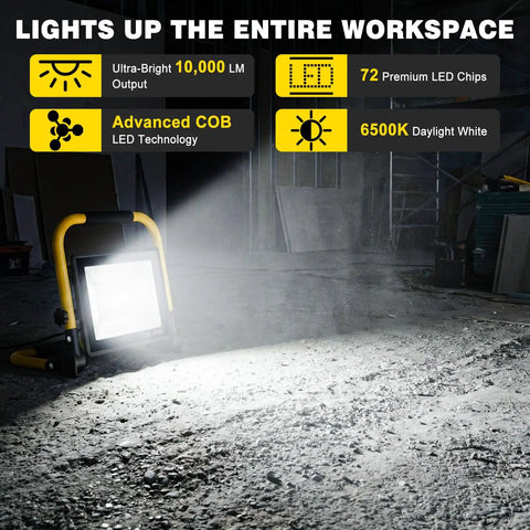 Ultra Bright 10000 Lumen Portable Work Light With Stand, 72 COB LEDs, illuminated in construction site showcasing 6500K daylight