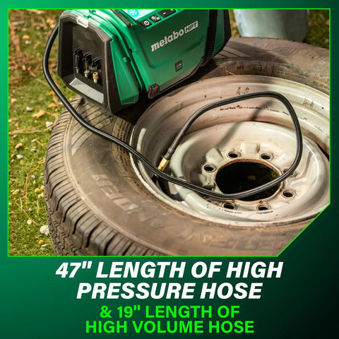 Go-To 18V MultiVolt Cordless Dual Function Inflator with high pressure hose attached to a tire