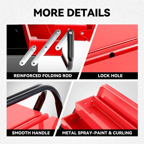 Close-up details of 18 Inch Metal Tool Box With 3 Layer Folding Cantilever Tray System, 5 Drawers, Heavy Duty Tool Organizer.