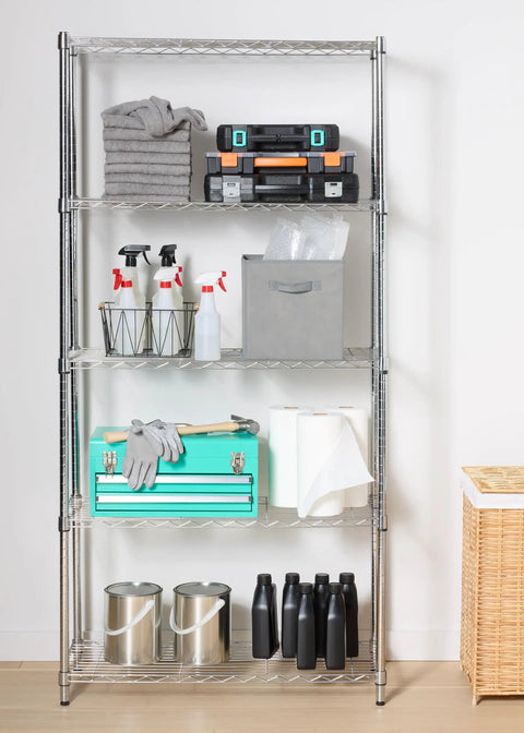 Heavy Duty Five Shelf Wire Storage Rack With Chrome Steel Finish, Adjustable Space Saving Shelving Organizer For Garage Or Kitchen, Rock Solid Zero Stress Setup, 350 Lbs Per Shelf Capacity