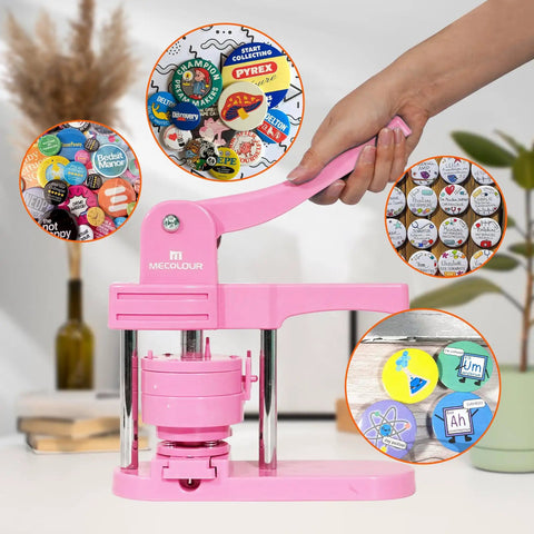 Awesome Vibrant Pink Button Maker Press With Three Size Dies And One Fifty Pcs Badge Supplies, ideal for custom pinback badges.