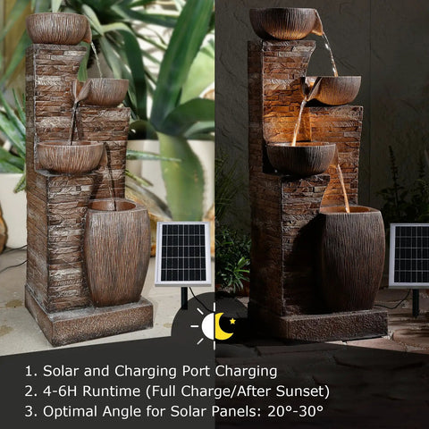 38.2 Inch Solar Powered Outdoor Water Fountain With Four Tier Cascading Bowls And Stacked Stones LED Lights Dual Charging