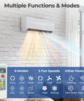 Slick Dual Zone Mini Split Air Conditioner 36000 BTU Wall Mounted Ductless Unit with remote showing multiple modes and fan speeds.