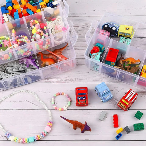 Three Tier Stackable Storage Box With Dividers 30 Compartments Bead Organizer for toys and crafts, shown filled with items