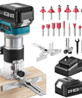 Cordless Twenty One Volt Brushless Palm Wood Router With Four Amp Hour Battery And Fifteen Piece One Quarter Inch Router Bit Set