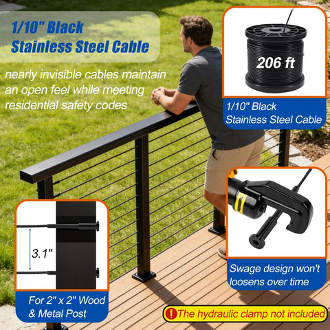 Matte Black 12-20 ft Cable Railing Post Kit with 4 Posts, 206 ft of Stainless Steel 1/10 Inch Wire Rope details and setup.