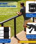 Man standing by a Black Cable Railing Post Kit With Handrail, Four Pack 36 Inch Level Posts, Two Hundred Six Feet Of One Tenth Inch Stainless Wire Rope, Indoor Outdoor DIY Deck Porch Railing System With Upgraded Matte Black Finish.