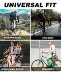 Four cyclists on different bikes, showcasing universal fit for mountain biking, road bikes, recreation, and work bikes
