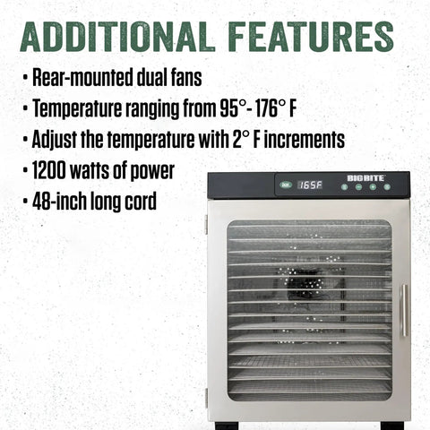 Top Shelf 16 Tray Stainless Steel Food Dehydrator Engineered For Homemade Snacks Jerky Fruits And Veggies With Huge Capacity showing rear-mounted dual fans and digital settings.