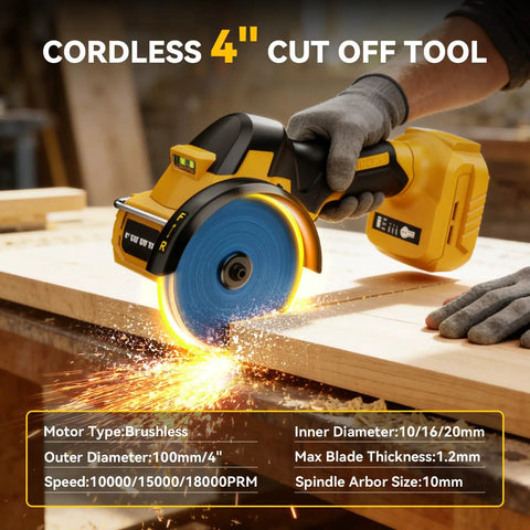 Cordless Cut Off Tool For DeWalt 20V Max 4 Inch Brushless Cutter cutting wood in workshop, highlighting 18000 RPM speeds