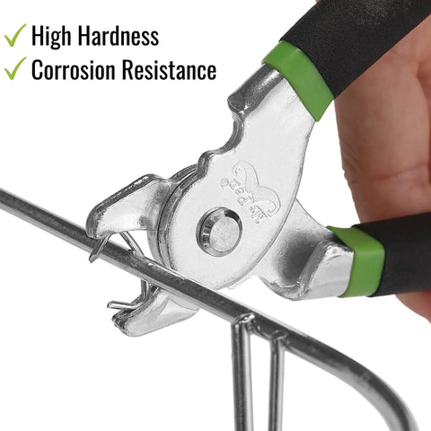 Close-up of Hog Ring Pliers Kit With 110 Three Quarter Inch Galvanized Rings for fencing and auto upholstery in use.