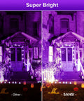 Comparison of 500W UV Blacklight Flood Light With Plug, 320-420nm Ultraviolet, illuminating a house front at night.