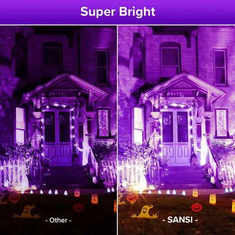 Comparison of 500W UV Blacklight Flood Light With Plug, 320-420nm Ultraviolet, illuminating a house front at night.