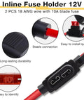 2 Pack 12V Inline Fuse Holders With 18 AWG Circuit Wire And 10A Blade Fuses Snap Right Into Any Car Or Truck Harness Solid Copper Terminals Click Tight Hookup Dead Simple Mount Garage Tested close-up showing connectors and wires.