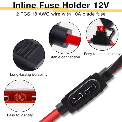 2 Pack 12V Inline Fuse Holders With 18 AWG Circuit Wire And 10A Blade Fuses Snap Right Into Any Car Or Truck Harness Solid Copper Terminals Click Tight Hookup Dead Simple Mount Garage Tested close-up showing connectors and wires.