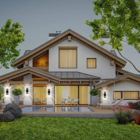 Exterior view of house with Exterior Dusk to Dawn LED Wall Sconces Two Pack, mounted on porch, providing warm glow