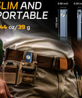 Rechargeable 600 Lumen LED Flashlight With Magnetic COB in belt pocket, slim design, lightweight, showing portability