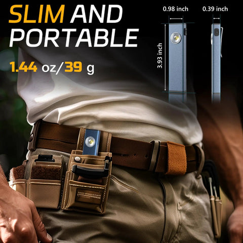 Rechargeable 600 Lumen LED Flashlight With Magnetic COB in belt pocket, slim design, lightweight, showing portability