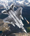 F-15 Fighter Jet Metal Model Kit for Adults, DIY 3D Puzzle to Build at Home, detailed belly view flying over mountains.