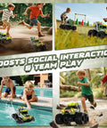 Kids playing with Waterproof Remote Control Car With Water Gun 1:18 Amphibious 4WD Monster Truck Off Road RC Toy outdoors and by pool.