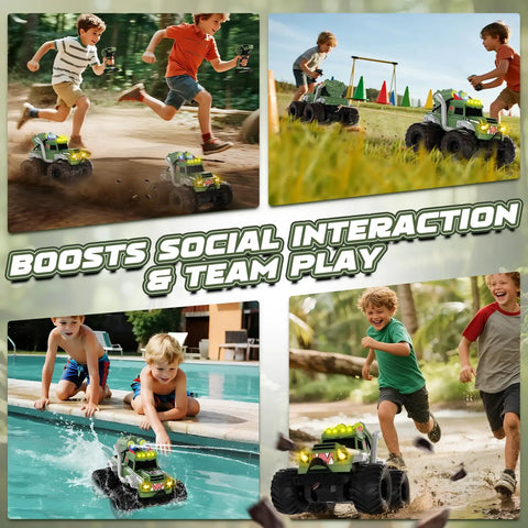 Kids playing with Waterproof Remote Control Car With Water Gun 1:18 Amphibious 4WD Monster Truck Off Road RC Toy outdoors and by pool.