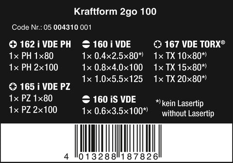 Image of Kraftform 2Go 100 Vde Insulated Screwdriver Set packaging showing product details, specifications, and barcode.