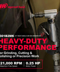 Compact Quarter Inch Collet Air Die Grinder Kit With Squared Off Right Angle Frame and Punchy 21000 RPM Torque Setup in use for grinding.
