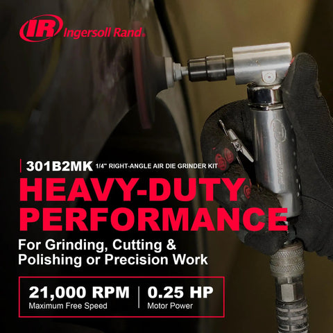 Compact Quarter Inch Collet Air Die Grinder Kit With Squared Off Right Angle Frame and Punchy 21000 RPM Torque Setup in use for grinding.