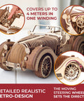 Roadster VM-01 3D Wooden Puzzle Kit For Gearheads Realistic Moving Parts Handcrafted Mechanical Model Car, wooden retro roadster