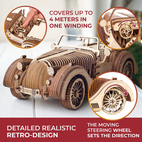 Roadster VM-01 3D Wooden Puzzle Kit For Gearheads Realistic Moving Parts Handcrafted Mechanical Model Car, wooden retro roadster