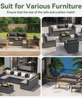 Replacement Outdoor Cushions For Patio Furniture 14 Piece Deep Seat Cushions For 6 Seat Patio Conversation Sets Splash Proof And Fade Resistant Grey Vacuum Packed And Expands To Full 4 Inch Thickness Within 2 Days, shown with assorted patio furniture settings.
