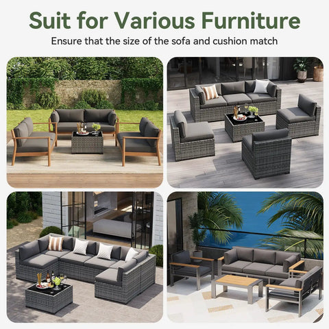 Replacement Outdoor Cushions For Patio Furniture 14 Piece Deep Seat Cushions For 6 Seat Patio Conversation Sets Splash Proof And Fade Resistant Grey Vacuum Packed And Expands To Full 4 Inch Thickness Within 2 Days, shown with assorted patio furniture settings.