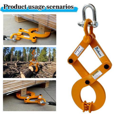 Heavy Duty Pallet Puller 1 Ton Capacity With 6 Inch Jaw Opening Rugged Pallet Clamp For Lifting Stump And Shrub Pulling Industrial Grade Steel Easy Grip Trusted Performance, orange steel clamp on pallet and log