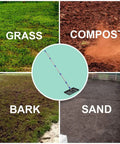 Heavy Duty Stainless Steel Lawn Leveling Rake With Adjustable 5 Foot Handle displayed over grass, compost, bark, and sand