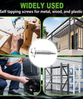 Pro Grade Hex Washer Head Self Drilling Screws And Tapping Fasteners From Tough 410 Stainless Steel With 300 Piece Assorted Kit Plus Matching Washers In A Clear Case For Smooth Metal Jobs shown in use on metal, wood, and plastic surfaces.