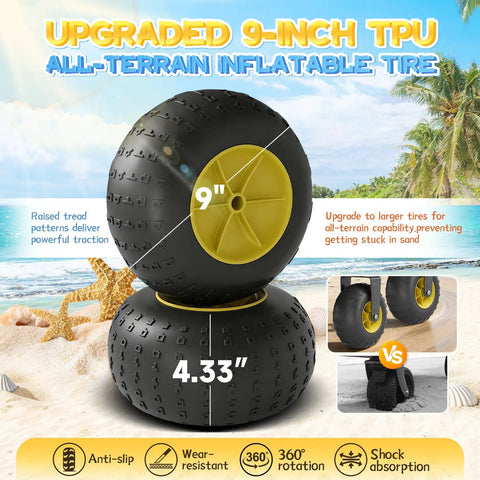 Heavy-Duty Beach Wagon With Big All-Terrain Wheels For Sand, 9-inch TPU tires shown on beach background