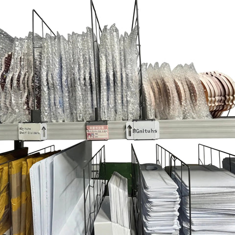 Twenty Pack Heavy Duty Wire Shelf Dividers With Double Buckle Clips For Store Fixtures And Library Shelving Includes Erasable Price Labels on shelves.