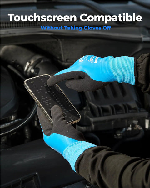 Waterproof Winter Work Gloves for Men and Women, ANSI A4 Cut Resistant, touchscreen compatible, in use on phone, blue, size M