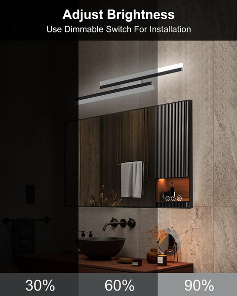 24 Inch LED Vanity Light Fixture 6000K Daylight White 36W 2160 Lumens Brushed Black Wall Mount Sconce For Bathroom Dimmable From Full To Off 180 Degree Rotatable Easy Install For Makeup And Grooming