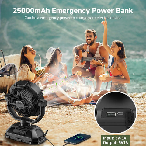 Rechargeable 9 Inch Misting Fan With Auto Swivel For Outdoor Chill, 25000mAh USB Battery Power Bank, people relaxing on a beach.