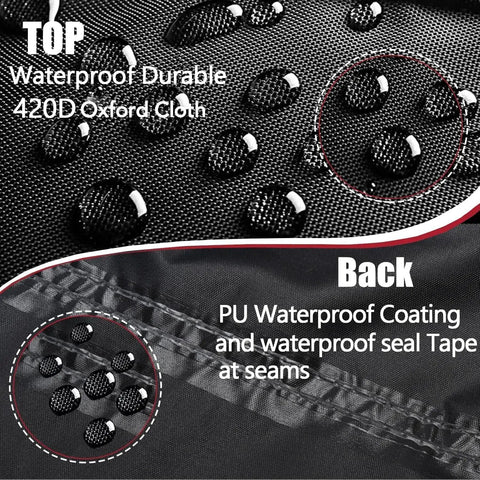 Close-up of tearproof polyester fabric with PU waterproof coating showing water droplets on All Weather 2 Seater Outdoor Bench Cover Waterproof 53W By 26D By 35H Inches Fits Metal Cast Iron Hardwood Patio Furniture Garden Loveseat Sofa For 2 Persons Tearproof Polyester Fabric.