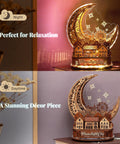 Moon City 3D DIY Puzzle With LED Light, Wooden Night City Model For Adults on table, showing day and night LED effects