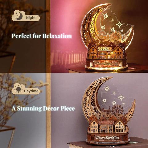 Moon City 3D DIY Puzzle With LED Light, Wooden Night City Model For Adults on table, showing day and night LED effects