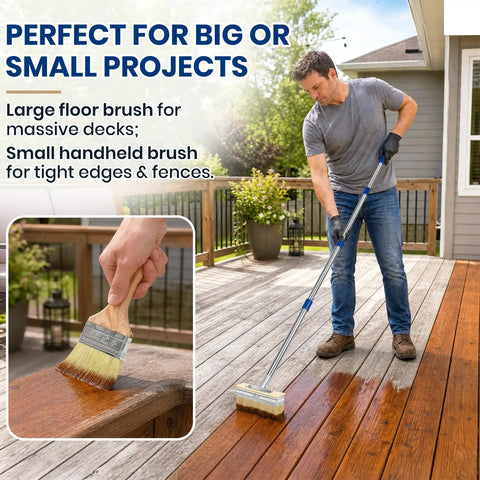 Heavy Hitter Deck Stain Brush Set With Super Long 59 Inch Pole Handle; large floor brush and handheld brush for deck staining.