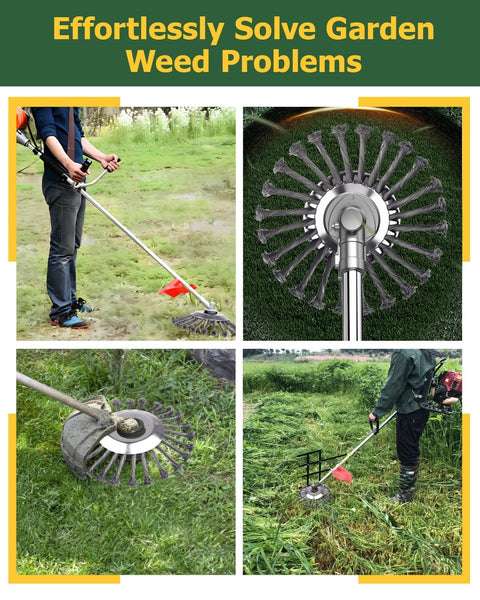 Steel Wire Trimmer Head with 8 Inch Unbreakable Blades in use on a lawn, showing universal adapter kit for weed eater.