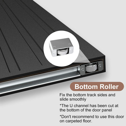 Bottom roller detail of Concealed Sliding Barn Door With Slick Soft Close Hardware Kit Black Hidden Door For Interior Use 32x86 Inches