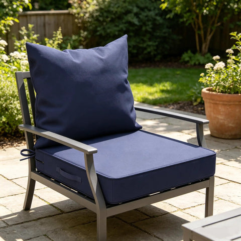 24x24 Inch Waterproof Patio Chair Cushions For Outdoor Furniture With Edge Binding Easy Carry Handle Adjustable Straps And Hook And Loop Fastener Fade Resistant Weatherproof Comfort shown on a chair in a garden setting