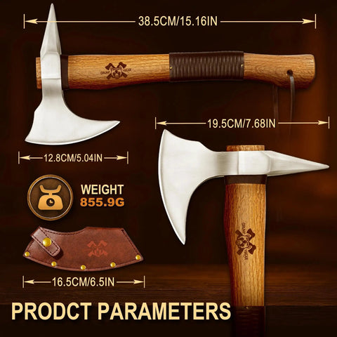 15 Inch Survival Axe For Camping And Bushcraft With Forged High Carbon Steel Blade And Walnut Wood Handle with dimensions