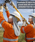 Workers in orange uniforms wearing Flame Resistant FR Hard Hat Liner Sun Shade With Cotton Neck Protector, utility work