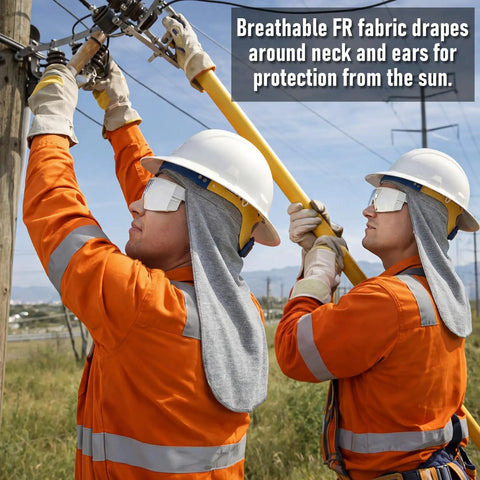Workers in orange uniforms wearing Flame Resistant FR Hard Hat Liner Sun Shade With Cotton Neck Protector, utility work